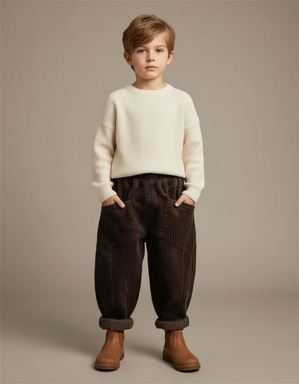 Pantalon Marron Côtelé Ample Élastique Poches Garçon - Cordé