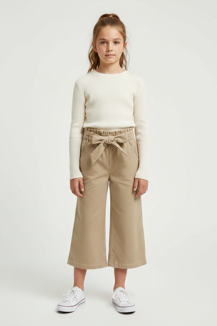 Pantalon Marron Ample Coton Culotte Nœud Fille - Gabardine