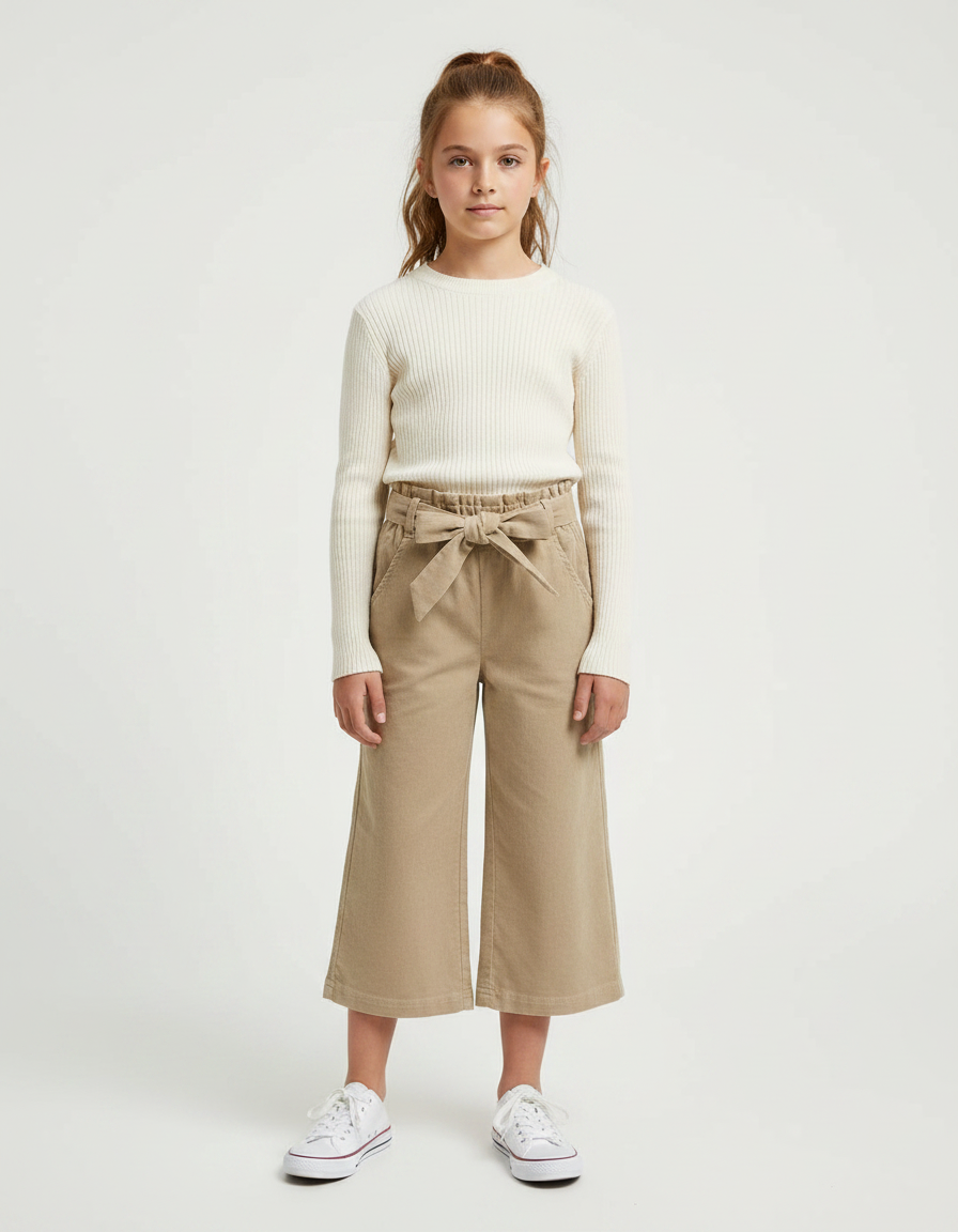 Pantalon Marron Ample Coton Culotte Nœud Fille - Gabardine