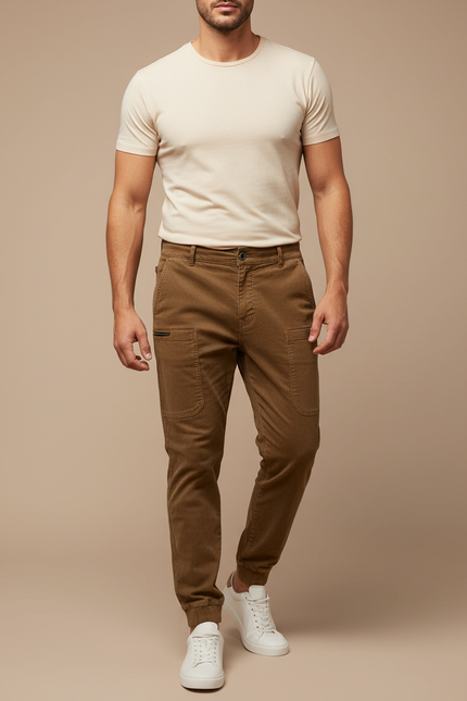 Pantalon Marron Côtelé Ajusté Cargo Homme - Cordé