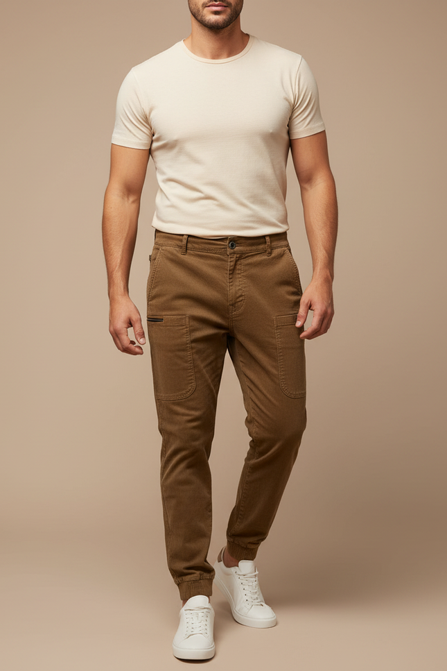 Pantalon Marron Côtelé Ajusté Cargo Homme - Cordé