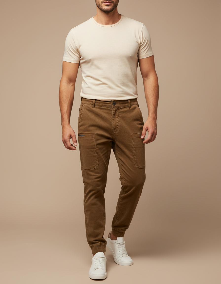 Pantalon Marron Côtelé Ajusté Cargo Homme - Cordé