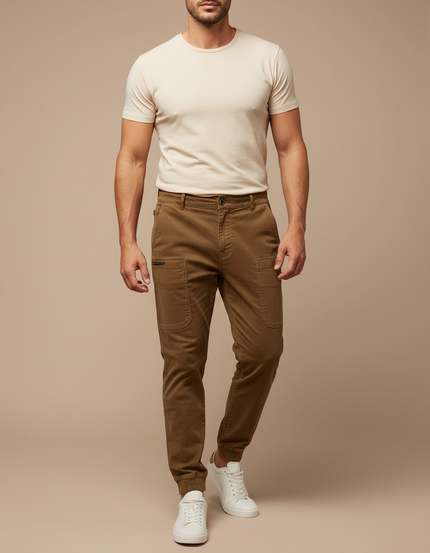 Pantalon Marron Côtelé Ajusté Cargo Homme - Cordé