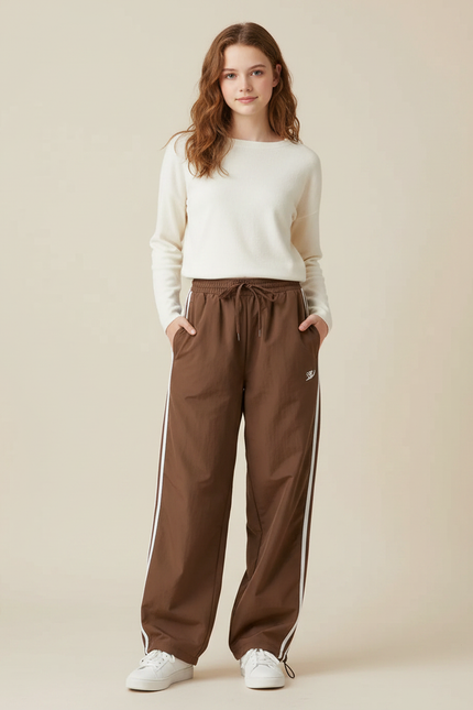 Pantalon Marron Large Rayé Sport Décontracté Fluide - Polyester