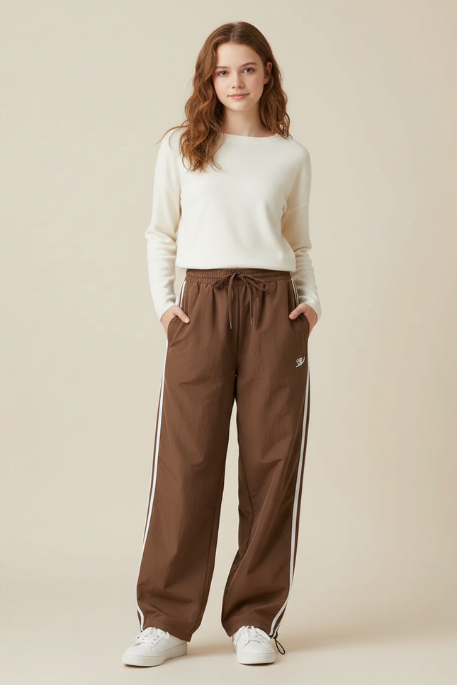 Pantalon Marron Large Rayé Sport Décontracté Fluide - Polyester