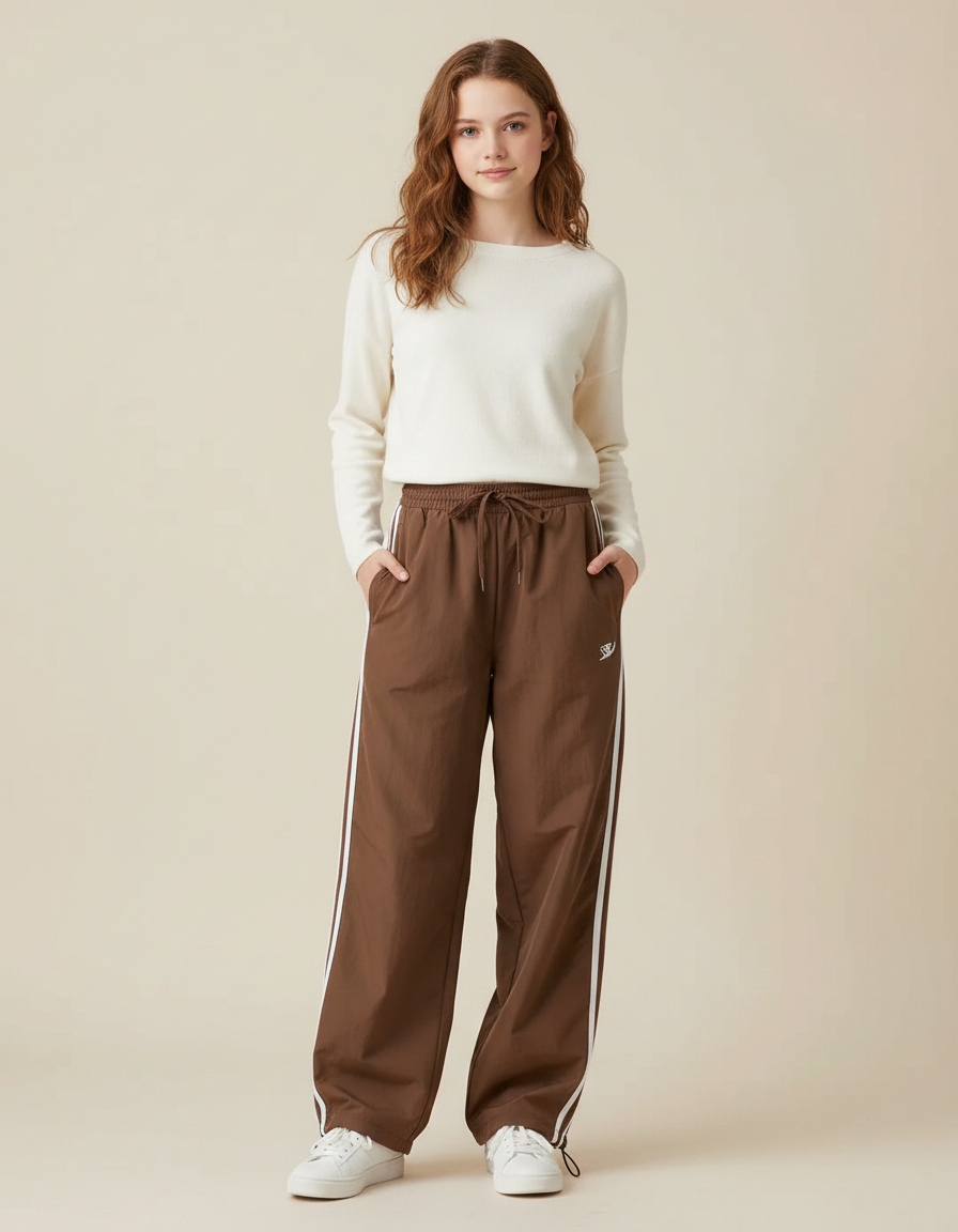 Pantalon Marron Large Rayé Sport Décontracté Fluide - Polyester