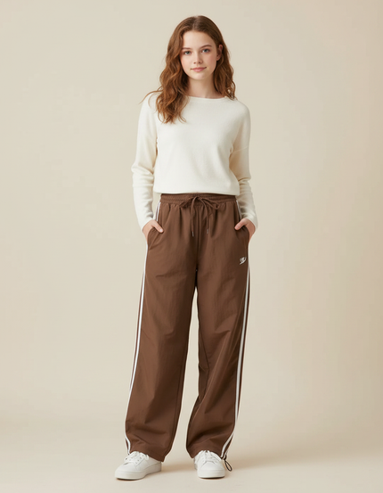 Pantalon Marron Large Rayé Sport Décontracté Fluide - Polyester