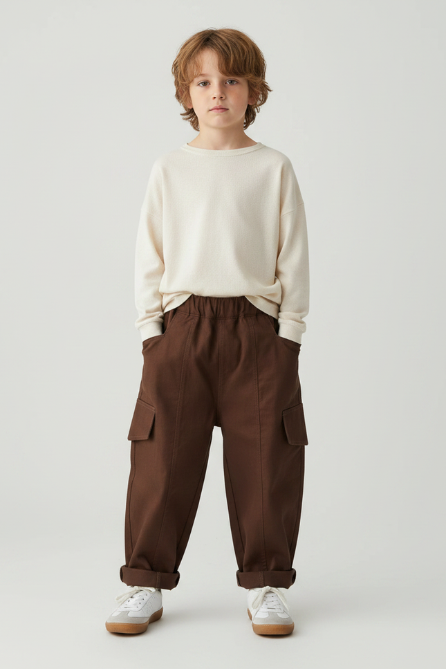 Pantalon Marron Cargo Coton Ample Garçon - Gabardine