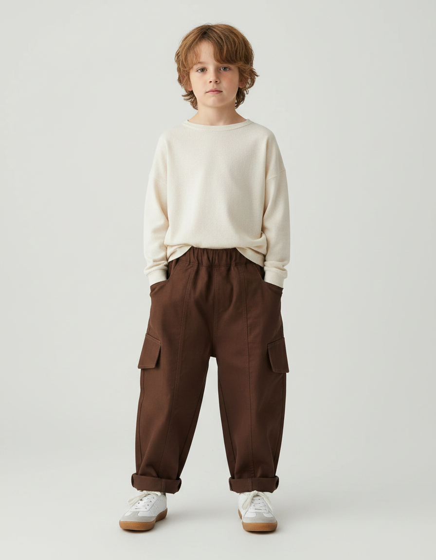 Pantalon Marron Cargo Coton Ample Garçon - Gabardine