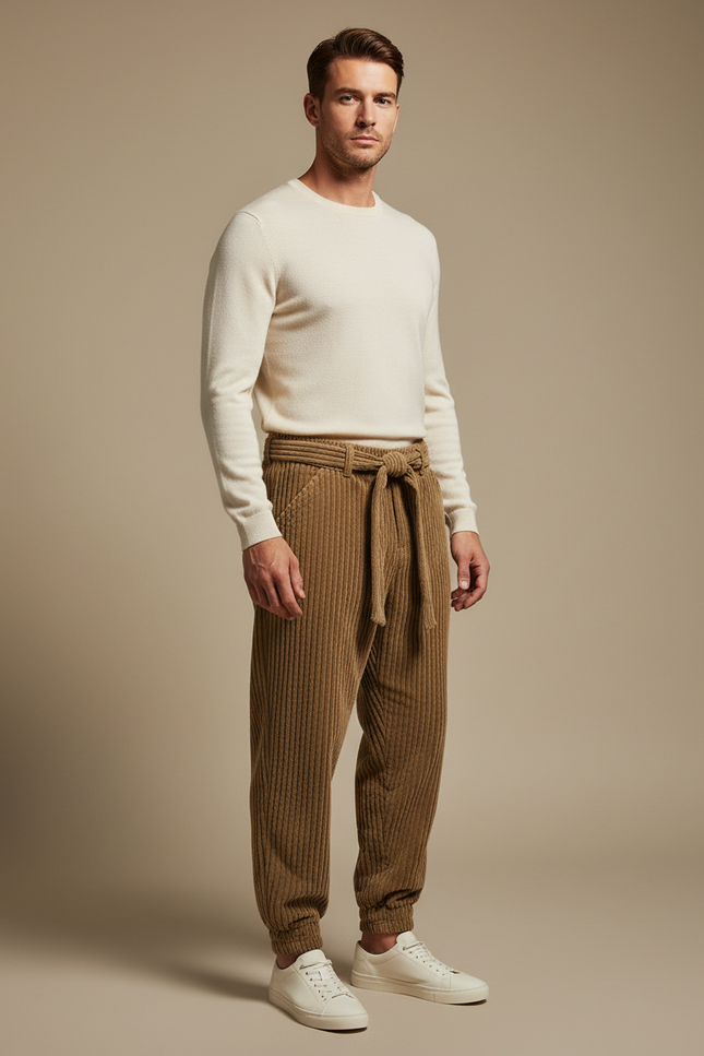 Pantalon Marron Côtelé Ample Cordon Homme - Cordé