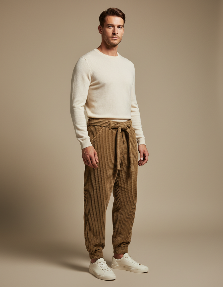 Pantalon Marron Côtelé Ample Cordon Homme - Cordé