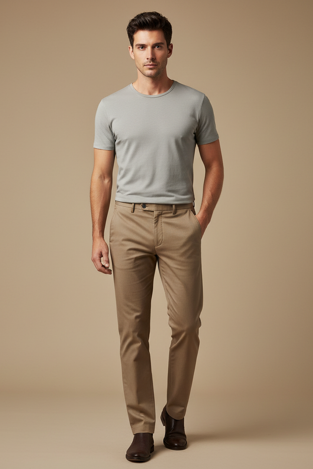 Pantalon Marron Homme Coton Slim Élégant Décontracté - Gabardine