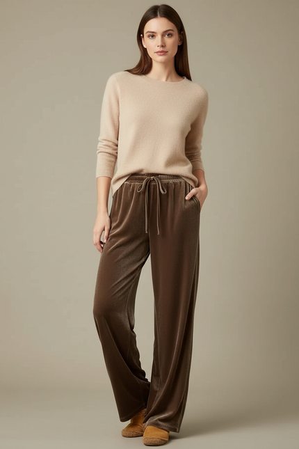 Pantalon Marron Velours Ample Fluide Décontracté Femme