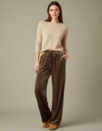 Pantalon Marron Velours Ample Fluide Décontracté Femme