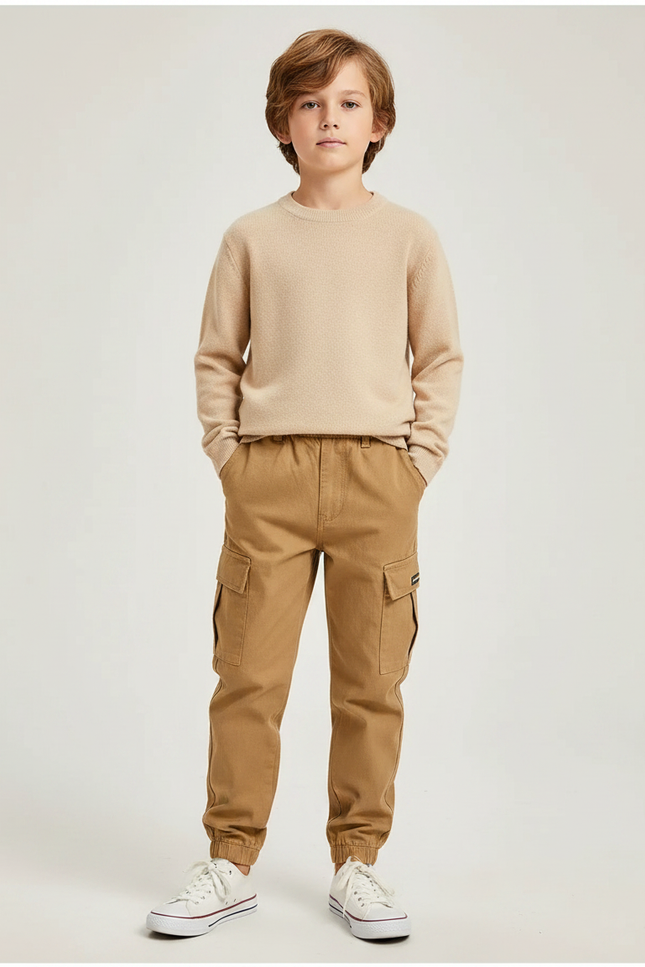 Pantalon Marron Cargo Coton Élastiqué Décontracté Enfant - Toile