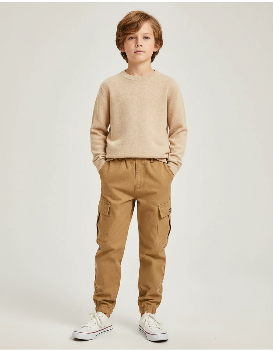 Pantalon Marron Cargo Coton Élastiqué Décontracté Enfant - Toile