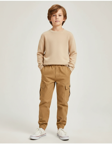 Pantalon Marron Cargo Coton Élastiqué Décontracté Enfant - Toile
