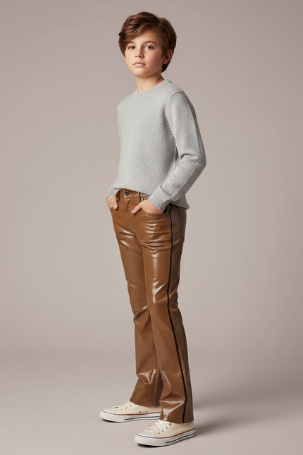 Pantalon Marron Brillant Similicuir Droit Enfant - Simili cuir