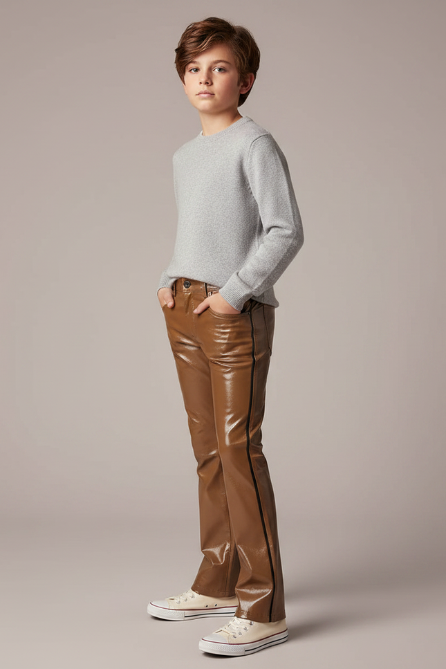 Pantalon Marron Brillant Similicuir Droit Enfant - Simili cuir