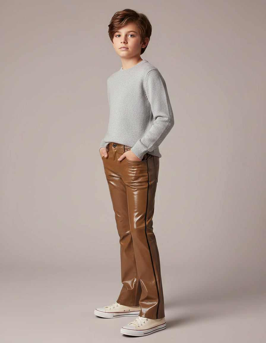 Pantalon Marron Brillant Similicuir Droit Enfant - Simili cuir