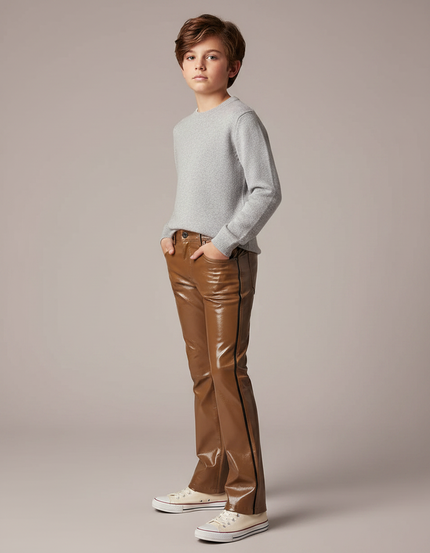Pantalon Marron Brillant Similicuir Droit Enfant - Simili cuir