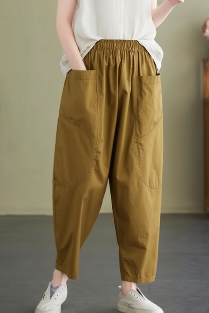 Pantalon Marron Coton Ample Décontracté Harem Femme - Kaki