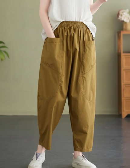 Pantalon Marron Coton Ample Décontracté Harem Femme - Kaki