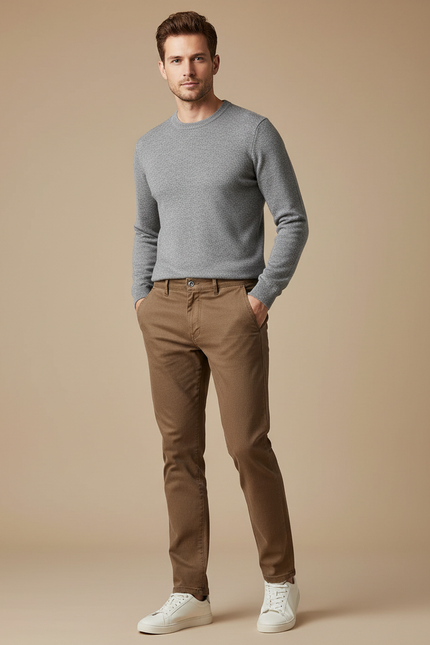 Pantalon Marron Homme Slim Coton Confortable Décontracté