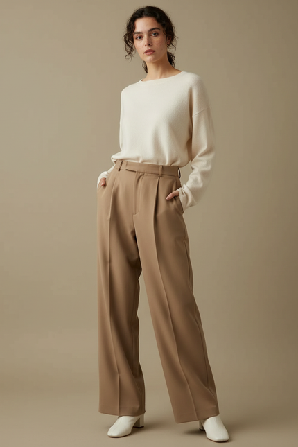 Pantalon Marron Taille Haute Jambe Large Plissé Élégant - Camel Gabardine