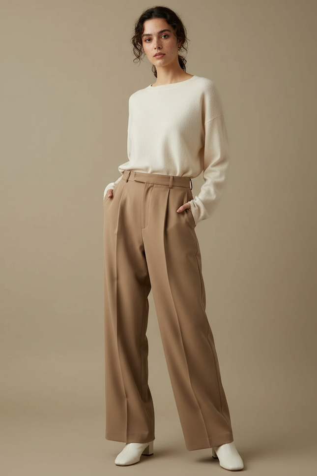 Pantalon Marron Taille Haute Jambe Large Plissé Élégant - Camel Gabardine