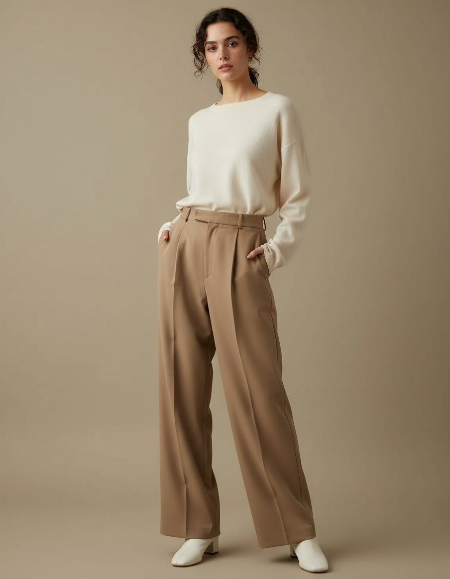 Pantalon Marron Taille Haute Jambe Large Plissé Élégant - Camel Gabardine