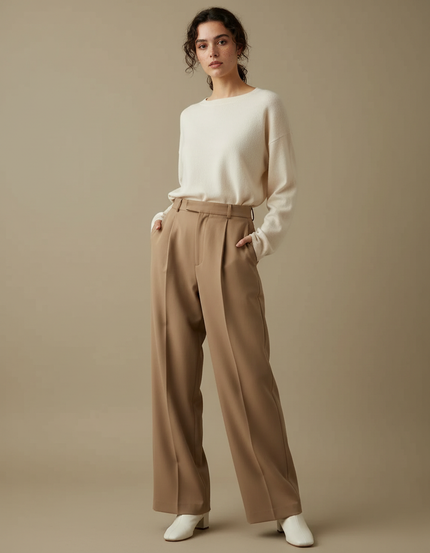 Pantalon Marron Taille Haute Jambe Large Plissé Élégant - Camel Gabardine