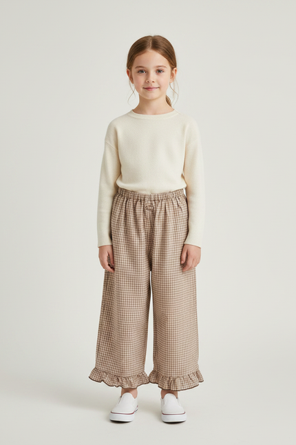 Pantalon Marron À Carreaux Ample Volants Coton Enfant