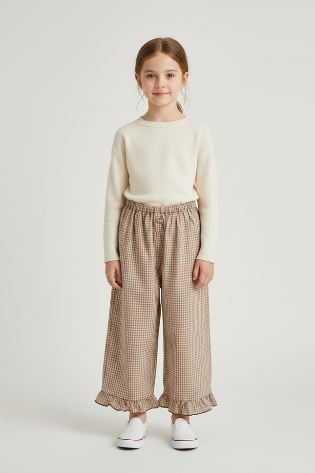 Pantalon Marron À Carreaux Ample Volants Coton Enfant