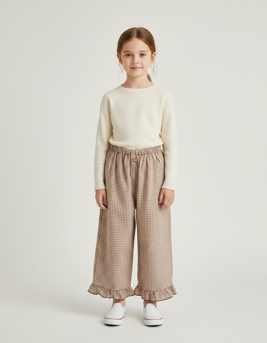 Pantalon Marron À Carreaux Ample Volants Coton Enfant