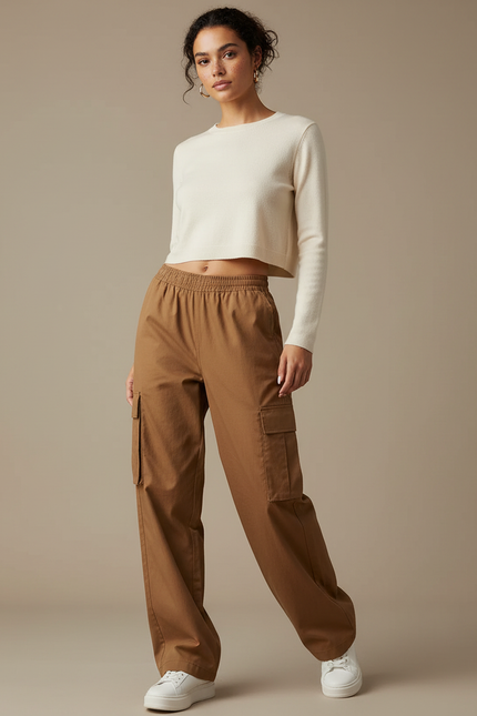 Pantalon Marron Cargo Ample Décontracté Femme - Toile