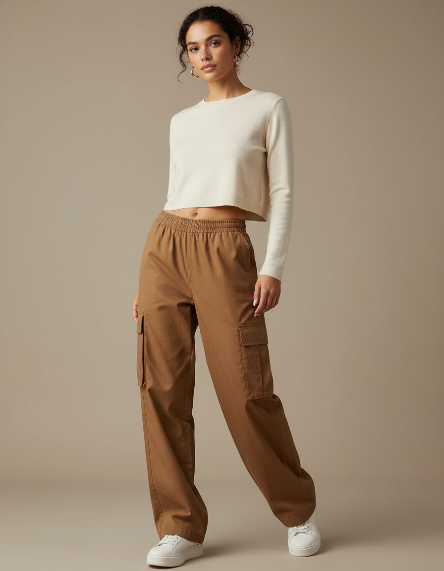 Pantalon Marron Cargo Ample Décontracté Femme - Toile