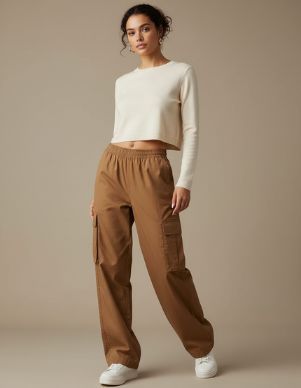 Pantalon Marron Cargo Ample Décontracté Femme - Toile