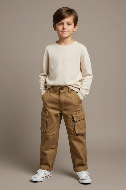 Pantalon Marron Cargo Garçon Coton Décontracté - Toile