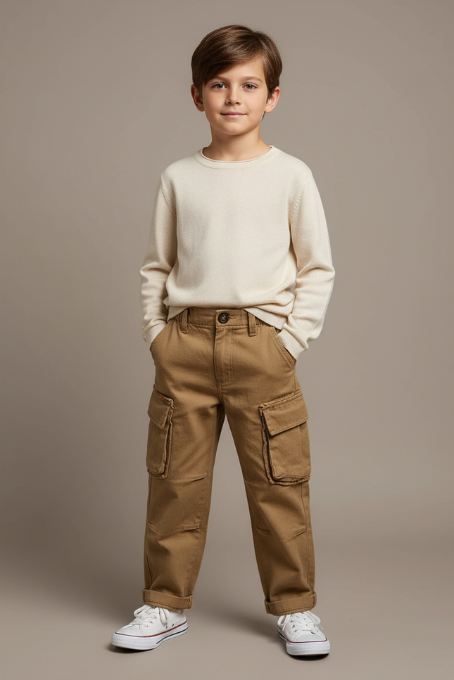 Pantalon Marron Cargo Garçon Coton Décontracté - Toile