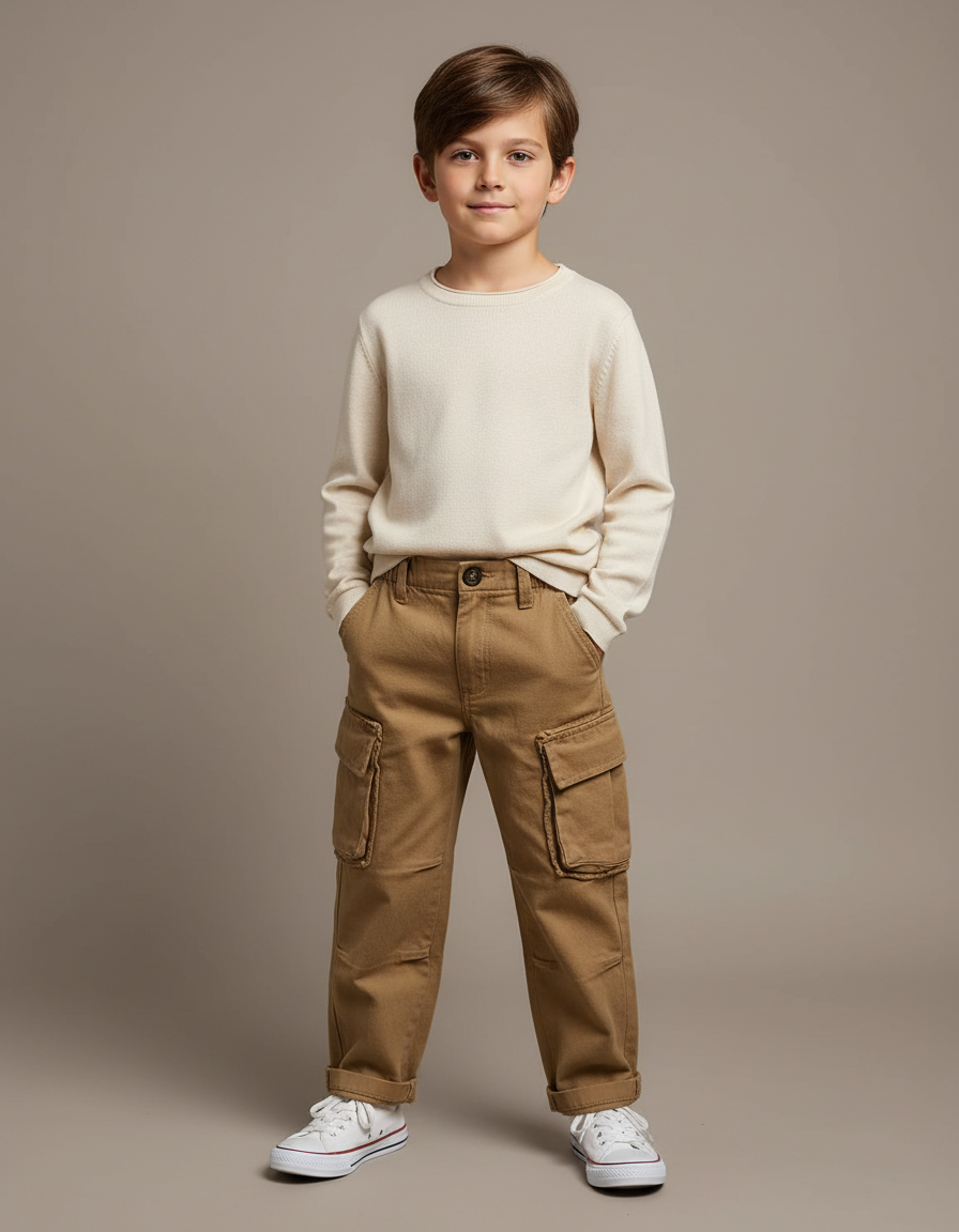 Pantalon Marron Cargo Garçon Coton Décontracté - Toile