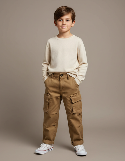 Pantalon Marron Cargo Garçon Coton Décontracté - Toile