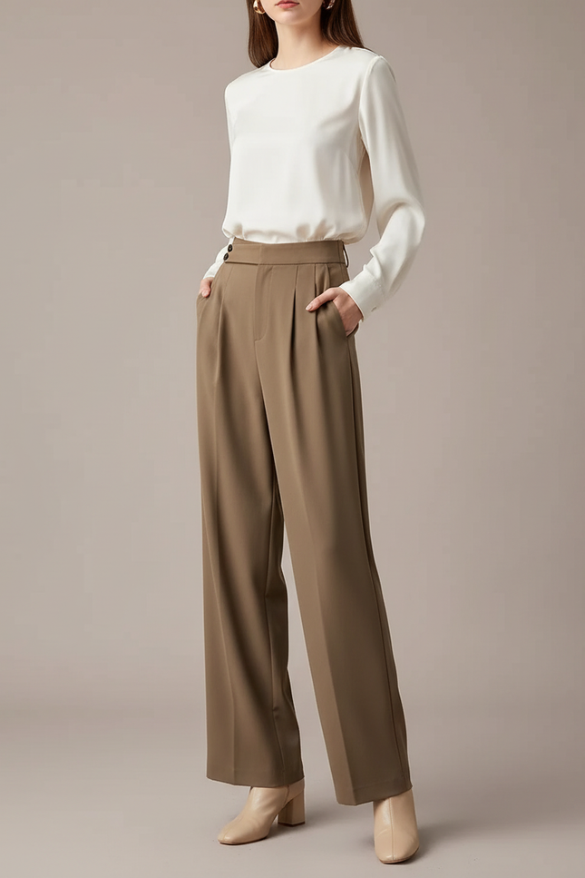 Pantalon Marron Fluide Taille Haute Ample Élégant - Kaki Viscose