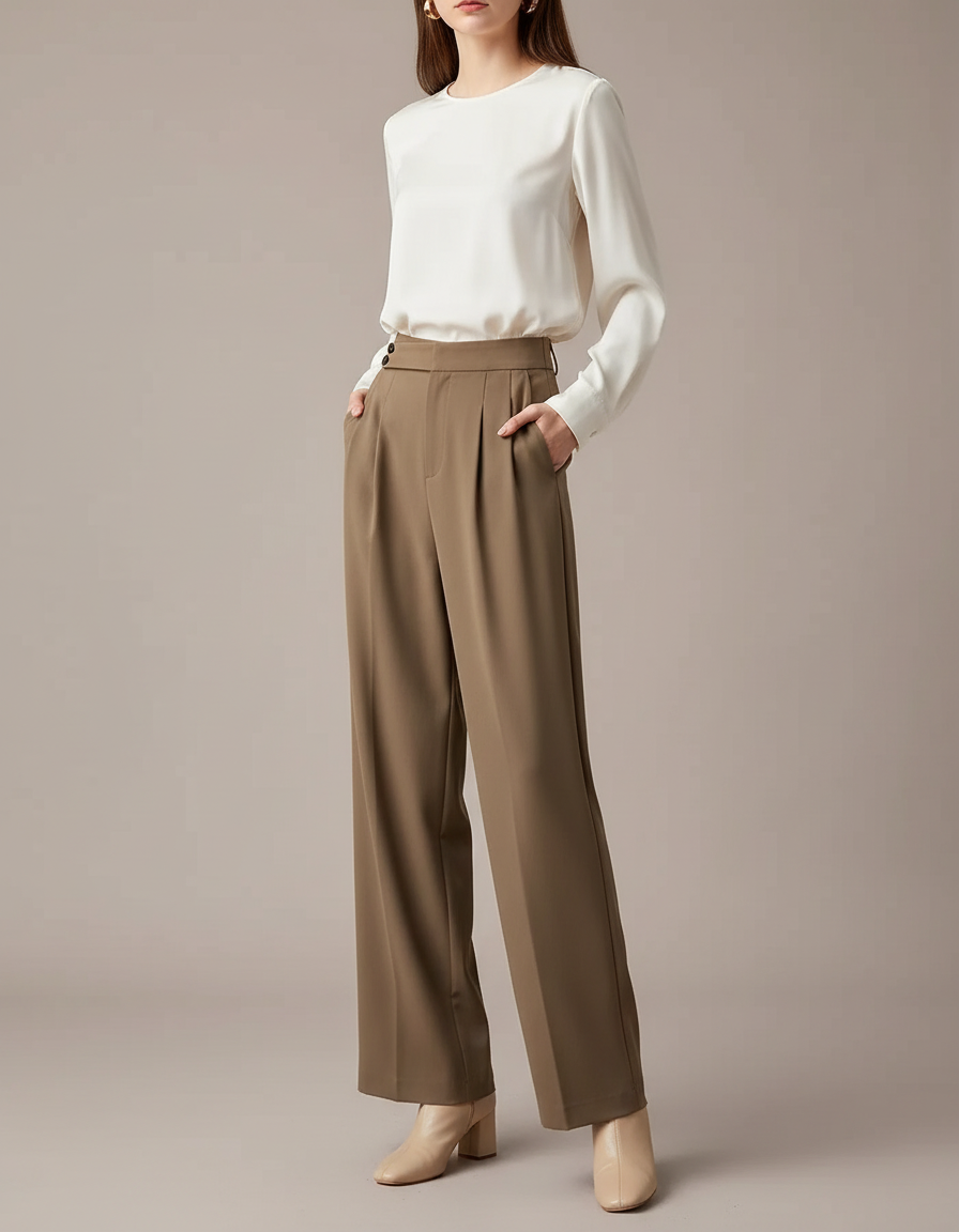 Pantalon Marron Fluide Taille Haute Ample Élégant - Kaki Viscose