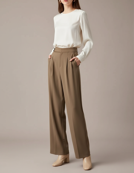 Pantalon Marron Fluide Taille Haute Ample Élégant - Kaki Viscose