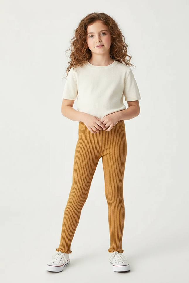 Pantalon Marron Côtelé Tricoté Enfant Confortable - Camel Maille