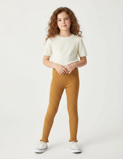 Pantalon Marron Côtelé Tricoté Enfant Confortable - Camel Maille