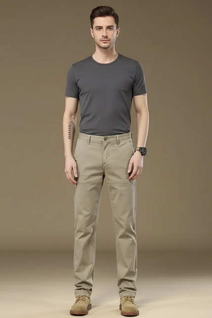 Pantalon Marron Coton Droit Décontracté Homme Moderne - Beige