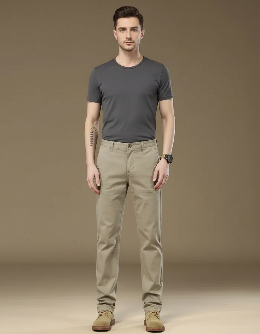 Pantalon Marron Coton Droit Décontracté Homme Moderne - Beige