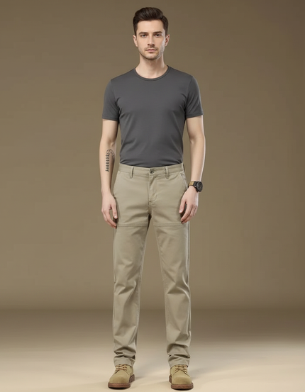 Pantalon Marron Coton Droit Décontracté Homme Moderne - Beige